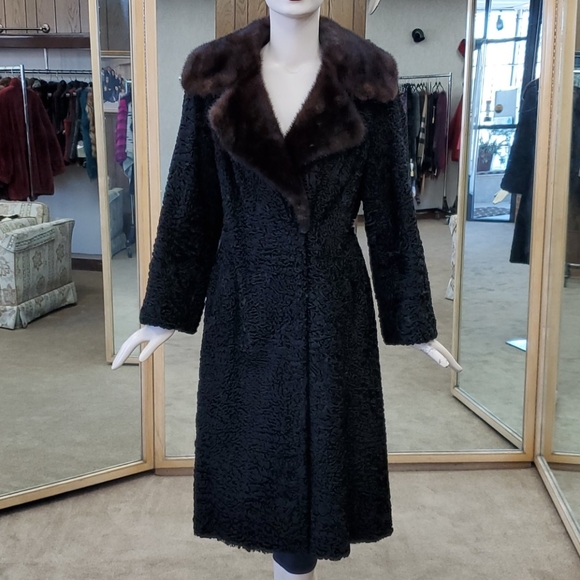 A.J. Ugent Furs Jackets & Blazers - Black Persian Lamb Fur Coat with Mink Fur Collar